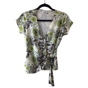 Wallis Top Women’s US 6 Petite Green Faux Wrap Shirt Blouse Floral Stretch